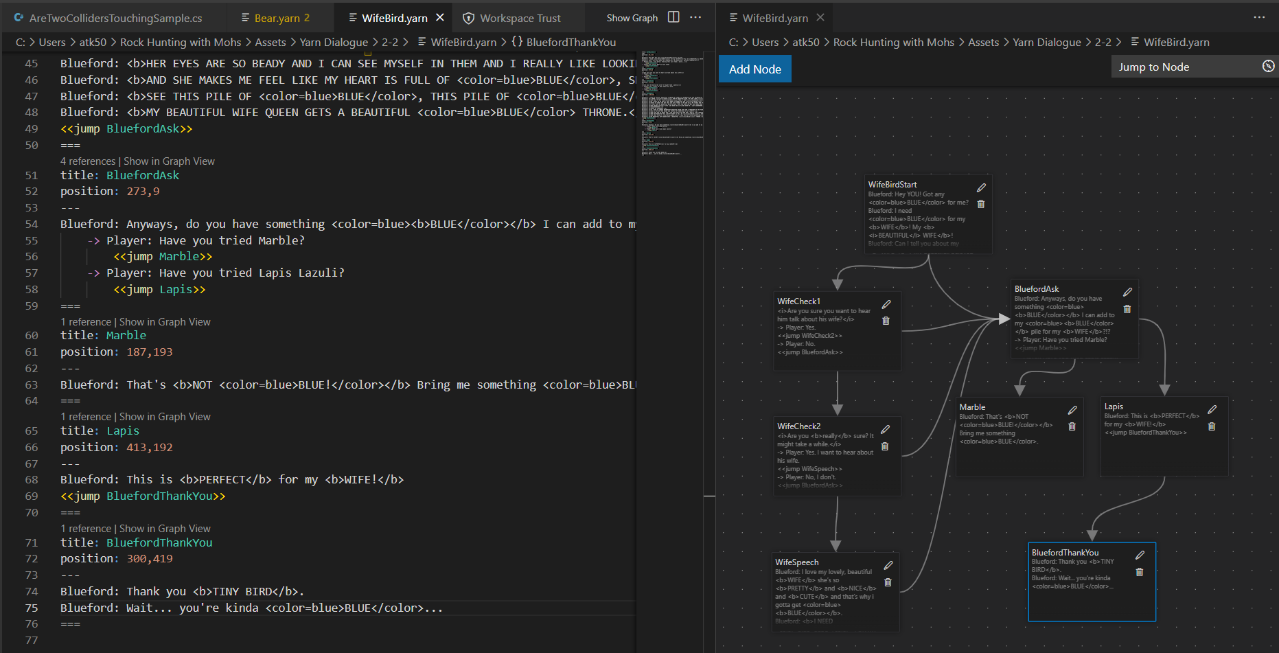 An image of Visual Studio Code, with a Yarn Spinner dialogue tree open in the right panel and code open in the left panel.