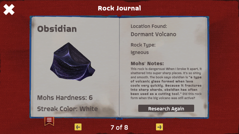 The rock journal from Rock Hunting with Mohs. The book is open to the page for obsidian, and it contains information about the rock's type, location, and color.