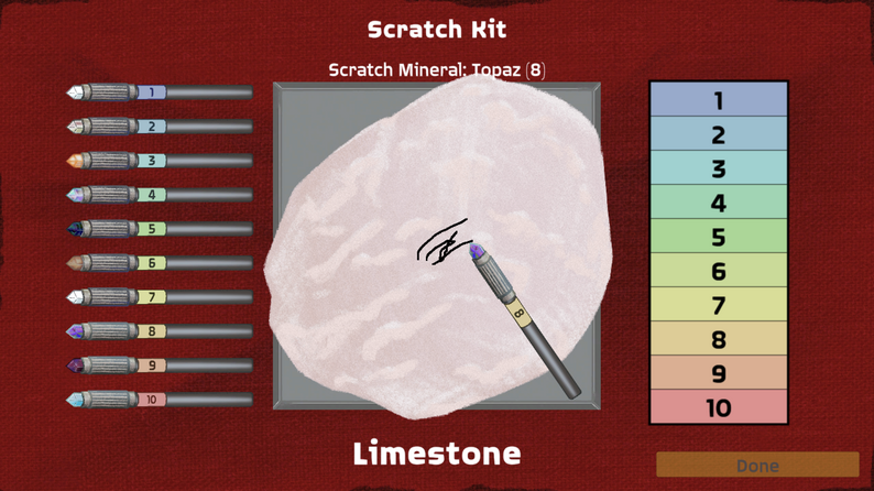 The scratch kit scene from Rock Hunting with Mohs. A rock labeled Limestone sits between a set of tipped scratchers, each labeled with a hardness value from 1 to 10. On the right, there is a selector panel with the same numbers.