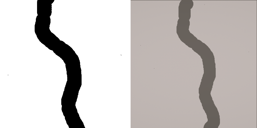 A side-by-side comparison of a black and white texture and a hole drawn in Unity terrain. The shape is irregular, but it is exactly the same on both.